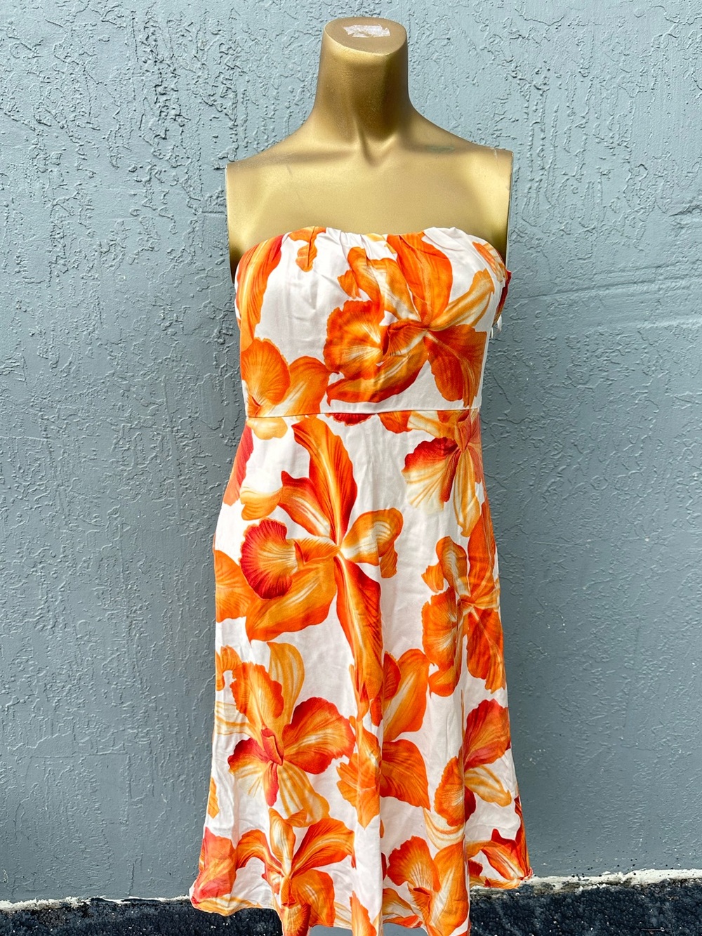 Banana Republic Strapless Floral Dress Women’s Petite 2P Orange White Midi Cotto
